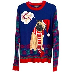 33 Degrees Size M Christmas Pug Dreaming of Biscuits & Bacon Colorful Sweater